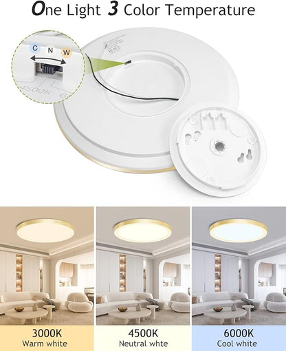 hepside 4PACK Flush Mount LED Ceiling Light Fixture Golden, 12Inch 28W, Dimmable 3000K-4500K-6000K 3 Color Selectable Ceiling Lamp 3200LM Low Profile Ceiling Light for Kitchen Bedroom Hallway
