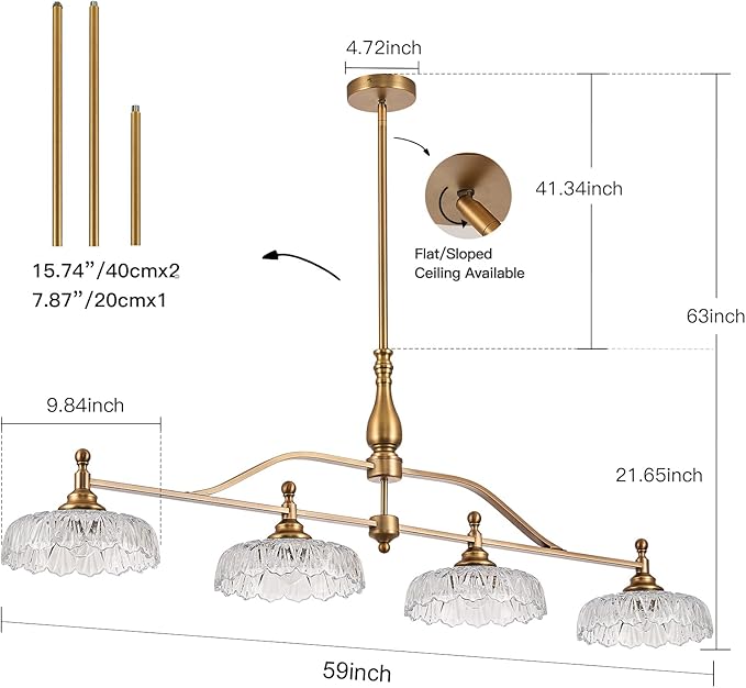 HDDFL Chandeliers Light Pendant Light Fixture Vintage Pendant Lighting Fixtures 4 Lights Chandelier Matte Brass Hanging Light Kitchen Glass Pendant Lights for Island Dining Room Living Room