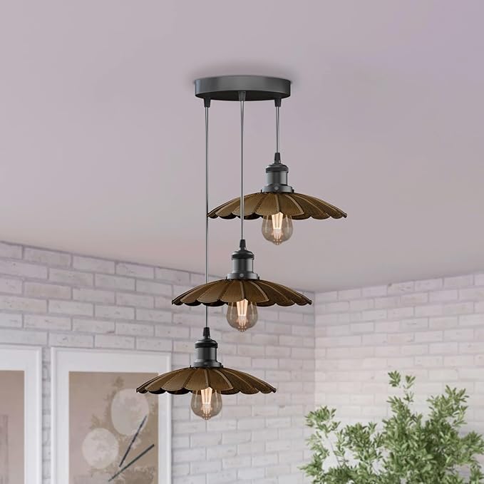 3-Lights Industrial Pendant Light with E26 Base Metal Umbrella Shade Pendant Lighting Adjustable Industrial Retro Style Hanging Light Fixture for Kitchen, Farmhouse (3 Way Black)