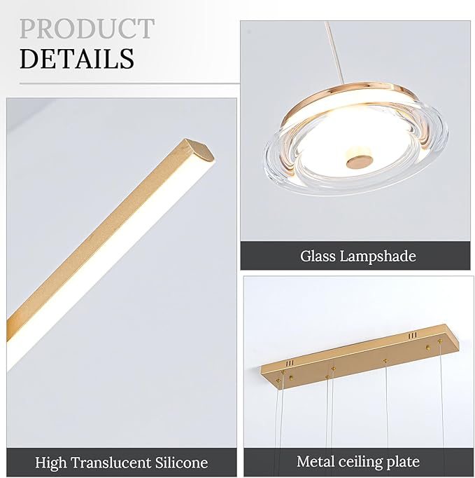 Modern Gold LED Dining Room Light Fixture with Remote Control, 38.5" 38W 3-Color Temp Stepless Dimmable Island Pendant Lights, Hanging Adjustable Linear Chandelier for Kitchen Bar