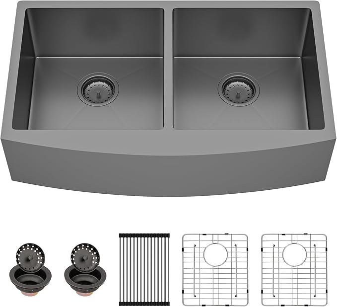 Sarlai Black Farmhouse Sink 33 Inch Double Bowl - 33x21 inch Apron Front Kitchen Sink Double Bowl 50/50 Gunmetal Black Stainless Steel 16 Gauge Round Corner Farm Farmer Kitchen Sinks