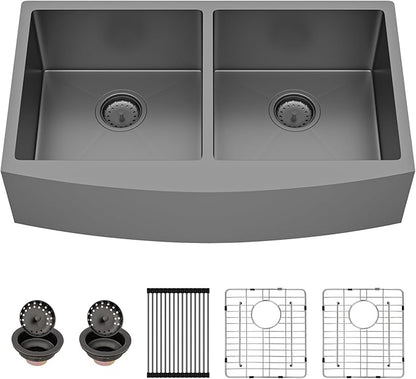 Sarlai Black Farmhouse Sink 33 Inch Double Bowl - 33x21 inch Apron Front Kitchen Sink Double Bowl 50/50 Gunmetal Black Stainless Steel 16 Gauge Round Corner Farm Farmer Kitchen Sinks