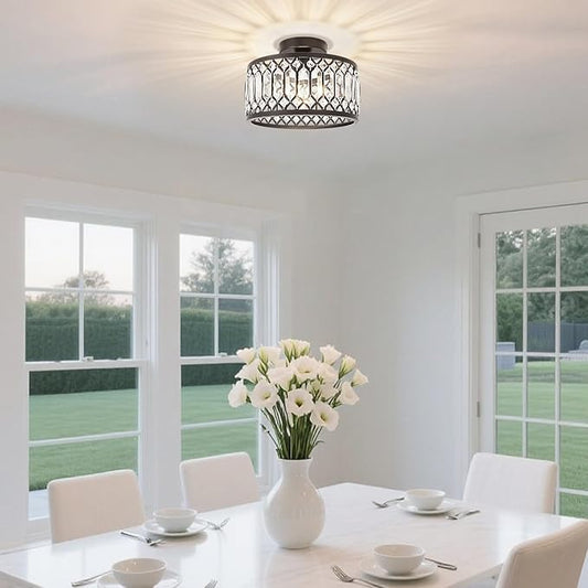 ANWIO Crystal Black Ceiling Light Fixture, Modern Semi Flush Mount Ceiling Light, Crystal Chandelier for Kitchen Bedroom Bathroom Entryway, 10.63inch