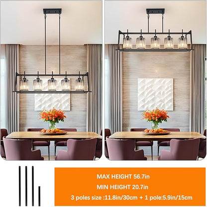 DSMJFU Black Farmhouse Rectangular Chandelier for Dining Room, 5-Light Linear Pendant Lighting, Rectangular Kitchen Island Light with Crystal Shades, Adjustable Height Rectangle Hanging Lighting