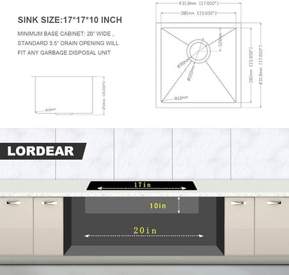 Lordear Undermount Bar Sink 17 Inch Deep Single Bowl 16 Gauge Stainless Steel Under Counter Square Kitchen Bar Prep RV Camper Outdoor Handmade Sink Basin