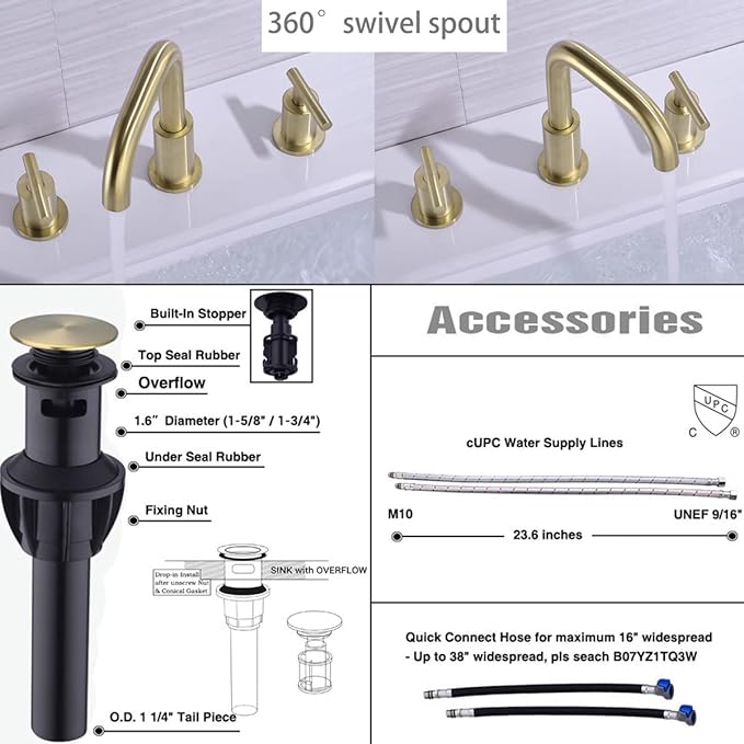 TRUSTMI Bathroom Faucet 2 Handle 8 Inch Brass Bathroom Sink Faucet 3 Hole Widespread with 360 Degree Swivel Spout, cUPC Water Supply Lines and Overflow Pop Up Drain Included, Brushed Gold