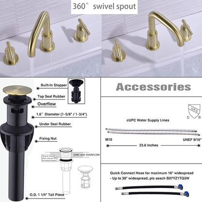 TRUSTMI Bathroom Faucet 2 Handle 8 Inch Brass Bathroom Sink Faucet 3 Hole Widespread with 360 Degree Swivel Spout, cUPC Water Supply Lines and Overflow Pop Up Drain Included, Brushed Gold