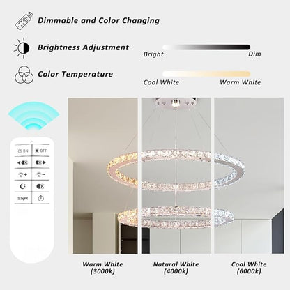 Finktonglan Dimmable Crystal Chandelier, Modern 2 Ring Oval LED Chandelier with Remote & App Control, 23.6"+20" Adjustable Pendant Light, 3 CCT 2500K/4500K/6500K, Kitchen Island Dining Room Bedroom