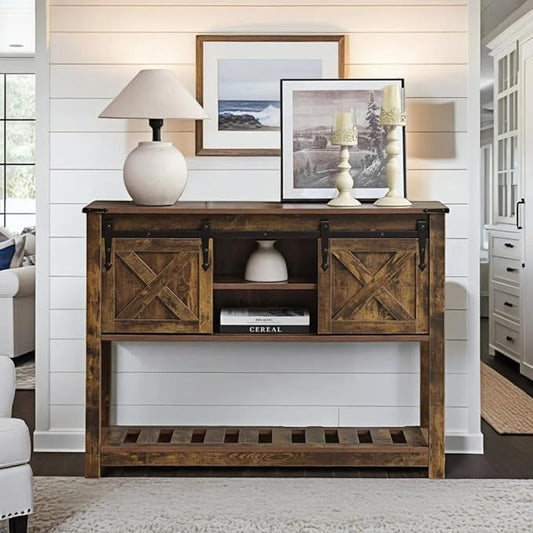 Entryway Table with Storage, Farmhouse Buffet Cabinet Coffee Bar Kitchen Island with Sliding Barn Doors & Shelves, Console Table for Kitchen, Dining Room, Living Room, Brown