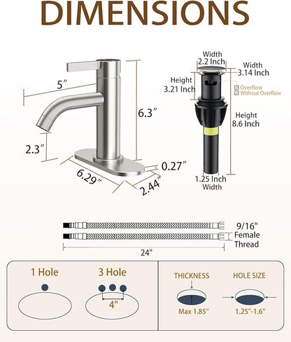 Fransiton Brushed Nickel Bathroom Faucet Single Hole with Pop-Up Bathroom Drain and Flexible Hoses Single Handle Bathroom Sink Faucet w/Deck Plate(1 or 3 Hole) for Vanity Sinks, RV, Farmhouse