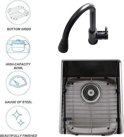 Kitchen Sink Grid 11-3/4" x 12-1/4"- Heavy Duty Kitchen Sink Protector with Built-in Strainer & Rear Drain, Non-Slip Rubber Feet & Scratch Resistant Bottom Guard