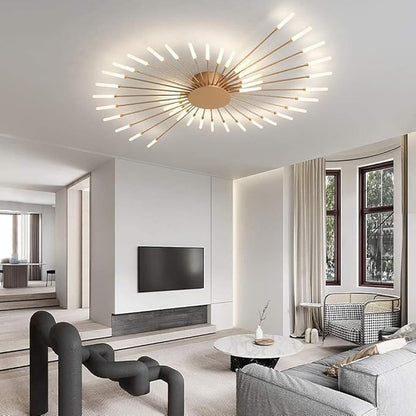 JAYMP 50.4" Ceiling Light Modern Flower Shape Ceiling Lamp for Living Room Dining Room Flush Mount Metal Acrylic Sputnik Firework Petal LED Lighting Fixture (Matte Gold, 42 Lights)