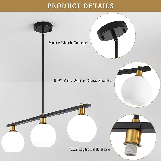 Island Lights for Kitchen Black and Gold Chandelier 3-Light Mid Century Modern Dining Room Light Fixtures Over Table with Opal Glass Shades Hanging Linear Pendant Lighting for Kitchen Island Foyer Bar