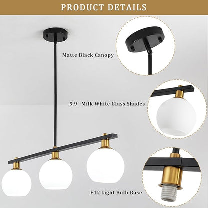 Island Lights for Kitchen Black and Gold Chandelier 3-Light Mid Century Modern Dining Room Light Fixtures Over Table with Opal Glass Shades Hanging Linear Pendant Lighting for Kitchen Island Foyer Bar