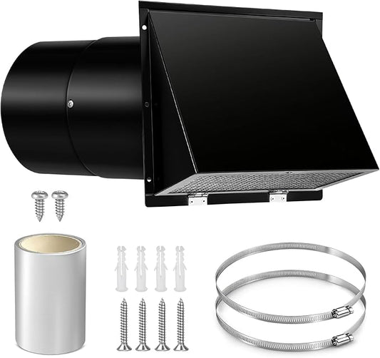 8 Inch Wall Vent Cover with Screen and Damper for Kitchen Range Hood Dryer Duct, Black