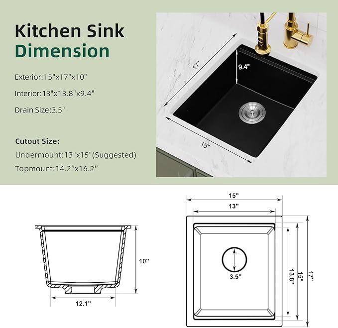 Davivy 15 x 17 x 10 Inch Black Granite Composite Bar Sink Workstation,15 inch Dual-Mount Bar Prep Sink, Small Single Bowl Design with Accessories