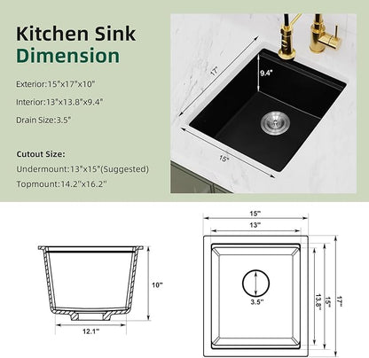 Davivy 15 x 17 x 10 Inch Black Granite Composite Bar Sink Workstation,15 inch Dual-Mount Bar Prep Sink, Small Single Bowl Design with Accessories