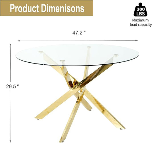 47" Modern Minimalist Round Glass Dining Table,4-Person Luxury Table with Tempered Glass Top & Adjustable Chrome Legs for Dining Room, Kitchen & Living Room(Gold)