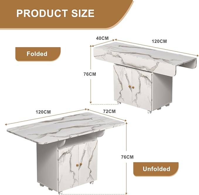 Multi-Functional Folding Dining Table with Storage Cabinet and Wheels - Marble Texture MDF Kitchen Island, Console Table, Desk - Space Saving Furniture for Small Spaces,47.24"L x 28.35"W x 29.92"H