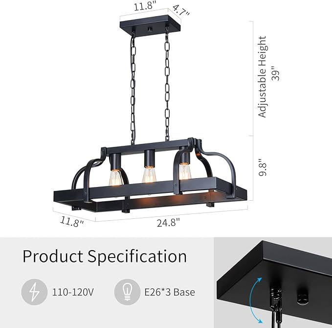 WUZUPS 3-Light Metal Pot Hanging Rack Chandelier Linear Pendant Ceiling Lighting Rustic Farmhouse Fixture Kitchen Island Dining Room, H 9.8" L 24.8" W11.8, E26 Base, Black