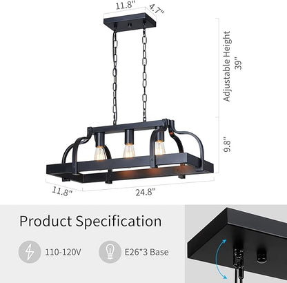 WUZUPS 3-Light Metal Pot Hanging Rack Chandelier Linear Pendant Ceiling Lighting Rustic Farmhouse Fixture Kitchen Island Dining Room, H 9.8" L 24.8" W11.8, E26 Base, Black