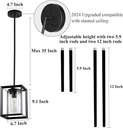 1 Pack Farmhouse Black Kitchen Island Pendant Light Fixture,Height Adjustable Metal Rod Hanging Modern Pendant Lighting with Metal Cage Clear Glass Shade for Entryway Bedroom