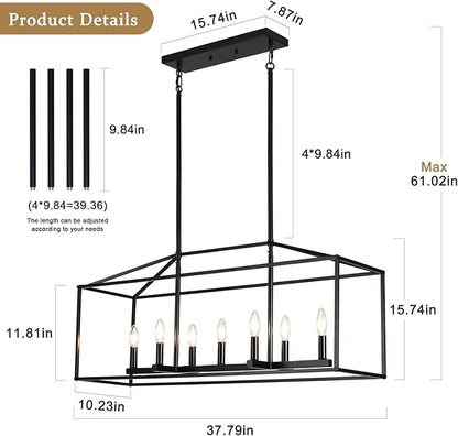 Dining Room Chandelier,7 Light Kitchen Island Light Modern Farmhouse Chandeliers Contemporary Pendant Light Matte Black Finish Rectangle Modern Pendant Light Adjustable Height