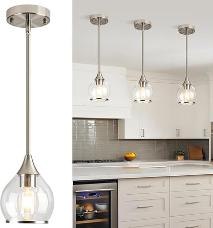 1-Piece Brushed Nickel Island Light for Kitchen, 1-Light Brushed Nickel Hanging Pendant Light with Clear Round Glass Shade for Dining Room,Bedroom