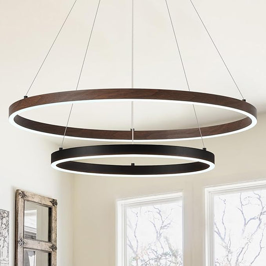 2 Ring LED Chandelier Black Walnut Wood Chandelier for Dining Room 24in Dimmable Circular Chandeliers Light Round Chandeliers for Bedroom Kitchen Entryway Living Room