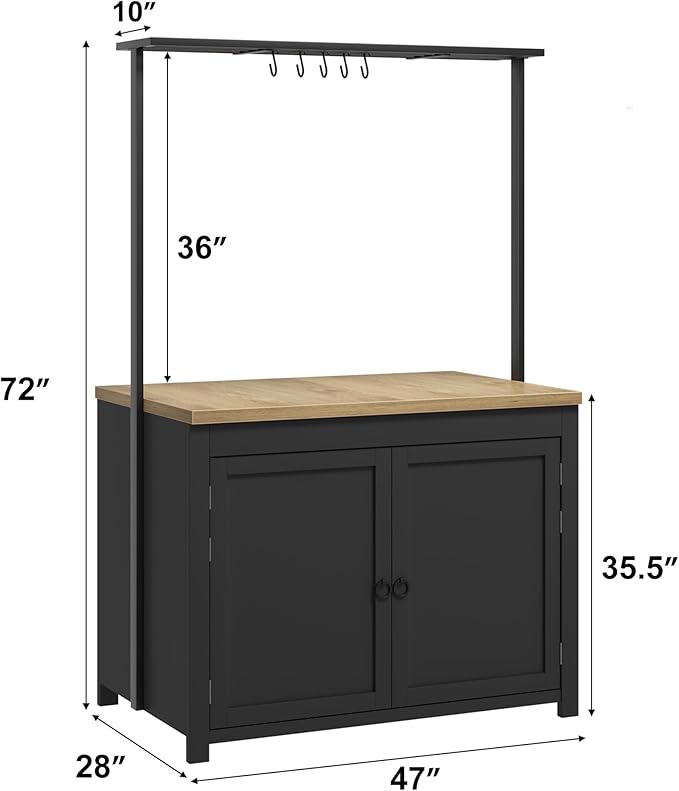 GarveeHome Kitchen Island with Storage 42 in - Heavy Duty Kitchen Cart, Mobile Kitchen Island with 2-Tier Shelves & 5 Hooks, Solid Wood Countertop for Small Spaces (Black & Natural)