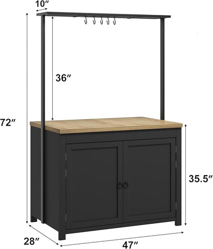 GarveeHome Kitchen Island with Storage 42 in - Heavy Duty Kitchen Cart, Mobile Kitchen Island with 2-Tier Shelves & 5 Hooks, Solid Wood Countertop for Small Spaces (Black & Natural)