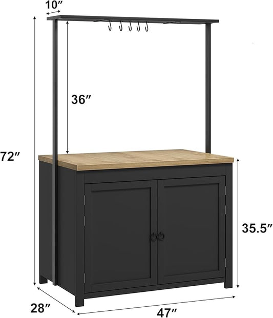 GarveeHome Kitchen Island with Storage 42 in - Heavy Duty Kitchen Cart, Mobile Kitchen Island with 2-Tier Shelves & 5 Hooks, Solid Wood Countertop for Small Spaces (Black & Natural)