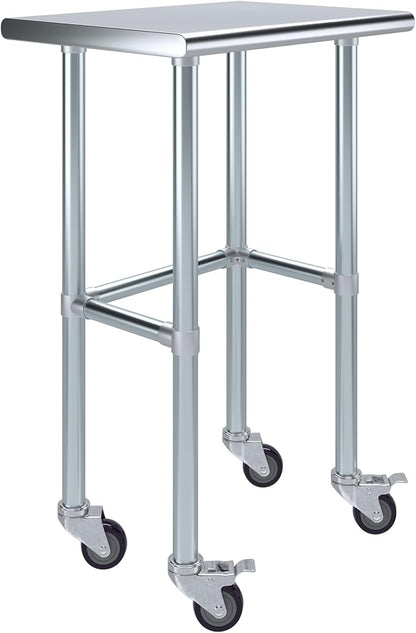 Stainless Steel Work Table Open Base & Wheels | NSF Kitchen Island Food Prep | Laundry Garage Utility Bench (24" Long x 18" Deep)