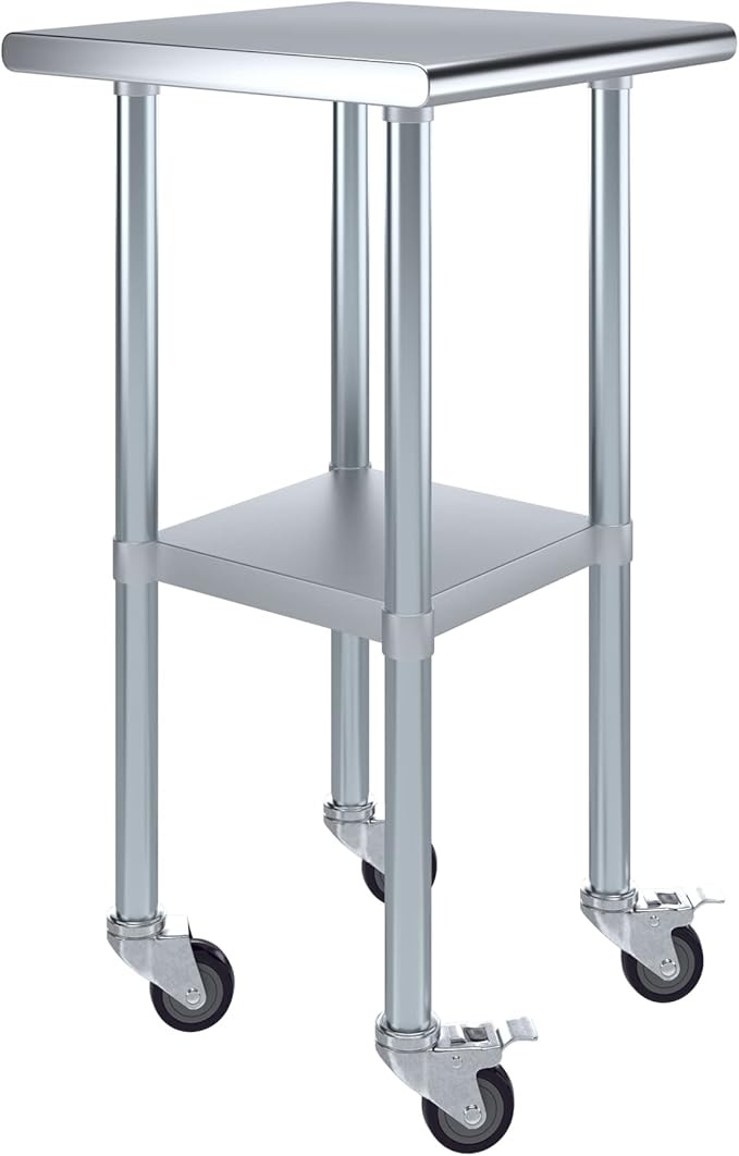 Stainless Steel Work Table with Wheels | NSF Kitchen Island Food Prep | Laundry Garage Utility Bench (Table + Wheels, 20" Long x 20" Deep)