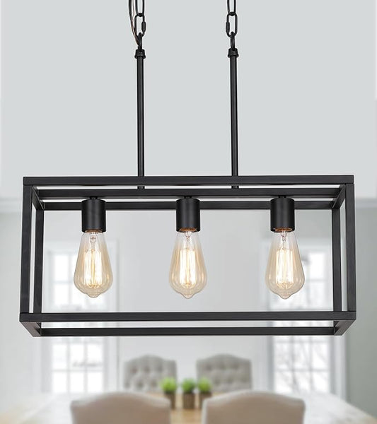 AMZASA 3-Light Black Linear Chandelier Modern Rectangle Farmhouse Dining Room Light Fixture for Kitchen Island Bar UL Listed