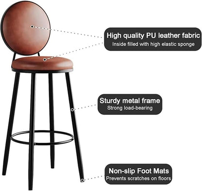 Set of 2 Leather Stools, Counter Height with Back, Upholstered Chairs for Kitchen Island, 65cm Sitting Height, Orange & Brown