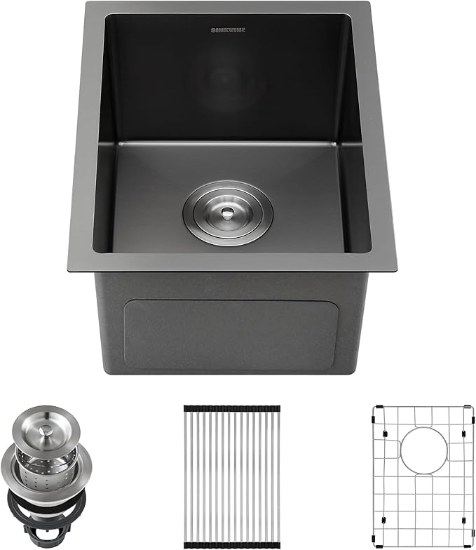 Black Wet Bar Sink Undermount 14 x 18 inch, PVD Nano Stainless Steel Kitchen Sink Single Bowl, RV Outdoor Prep Basin with Drain Strainer, Bottom Rise Grid, Roll-up Drying Unit, Dark Grey