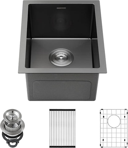 Black Wet Bar Sink Undermount 14 x 18 inch, PVD Nano Stainless Steel Kitchen Sink Single Bowl, RV Outdoor Prep Basin with Drain Strainer, Bottom Rise Grid, Roll-up Drying Unit, Dark Grey