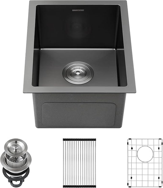 Black Wet Bar Sink Undermount 14 x 18 inch, PVD Nano Stainless Steel Kitchen Sink Single Bowl, RV Outdoor Prep Basin with Drain Strainer, Bottom Rise Grid, Roll-up Drying Unit, Dark Grey