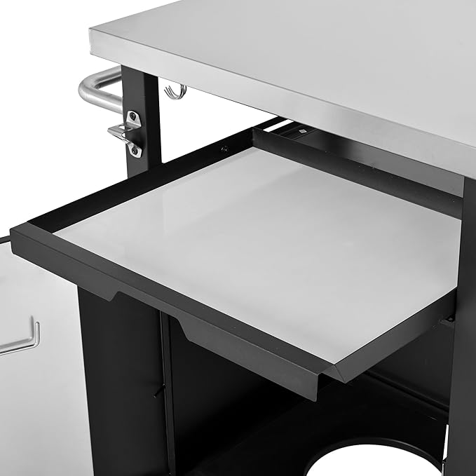 39.5" Outdoor Kitchen Island with Stainless Steel Top and Storage Cabinet, Metal Kitchen Island with Hooks and Spice Rack, Rolling Grill Cart with Wheels for BBQ Waterproof Cover Included Black