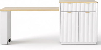 Modern Dining Table Expandable 82.6in Fluted Kitchen Island with, Power Outlet, Wood Console Table with Drawers for Living Room Dining Room Kitchen,White-MDF