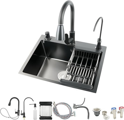 19.7x17.7in Black Kitchen Basin, Drop-In Sink with Pull-Down Faucet and Multiple Accessories, Stainless Steel Topmount Single-Bowl Workstation with Sliding Accessories for Modern Kitchens, Farm