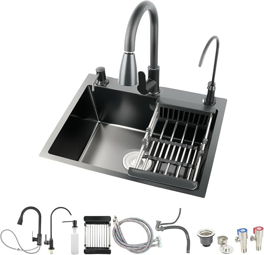 19.7x17.7in Black Kitchen Basin, Drop-In Sink with Pull-Down Faucet and Multiple Accessories, Stainless Steel Topmount Single-Bowl Workstation with Sliding Accessories for Modern Kitchens, Farm