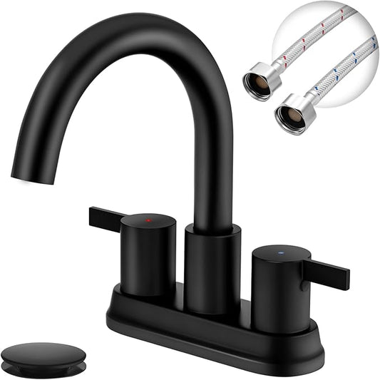 Two Handle 4 inch Black Bathroom Faucet, Bathroom Sink Faucet for 3 Holes with Pop-up Drain and 2 Supply Hoses, Lead-Free
