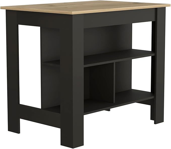 Kitchen Island Kitchen Table 35" H Four Legs with 3 Open Storage Shelves Wide Top for Meal Prep Spacious Leg Room Practical(Natural Black)