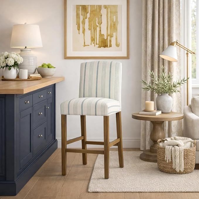HomePop Parsons Classic Upholstered High Back Curved Top Barstool, 29-inch, Blue Calypso Stripe