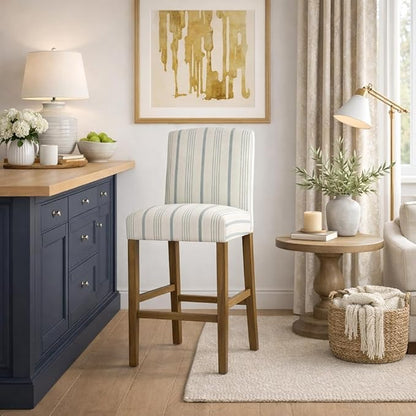 HomePop Parsons Classic Upholstered High Back Curved Top Barstool, 29-inch, Blue Calypso Stripe