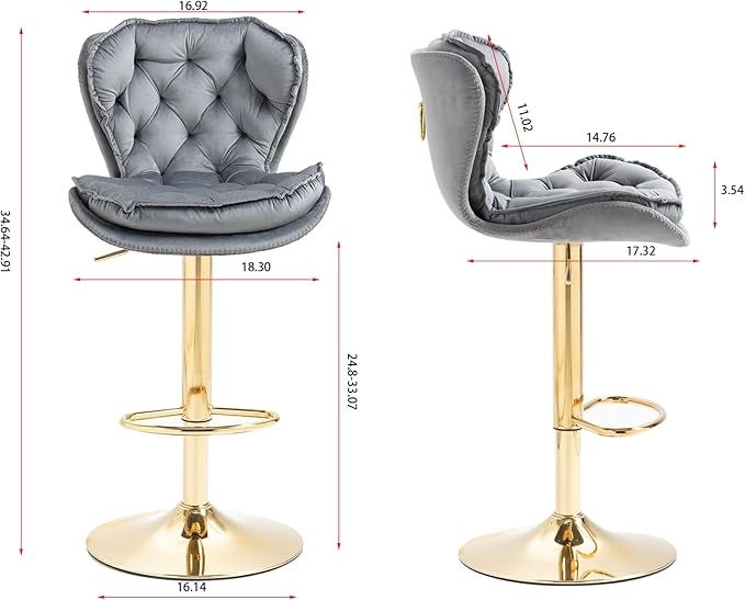 Rhomtree 24-33 Inch Swivel Bar Stools, Adjustable Counter Height Barstools, Velvet Tufted Back and Golden Footrest, Bar Chairs Kitchen Island, Cafe, Bar Counter, Dining Room, Coffee(Grey Set of 8)
