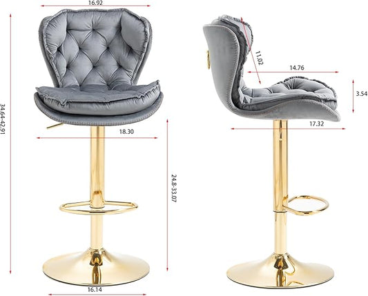 Rhomtree 24-33 Inch Swivel Bar Stools, Adjustable Counter Height Barstools, Velvet Tufted Back and Golden Footrest, Bar Chairs Kitchen Island, Cafe, Bar Counter, Dining Room, Coffee(Grey Set of 2)