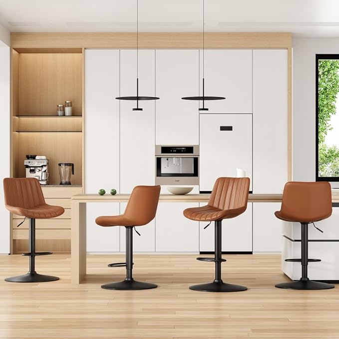 Bar Stools Set of 2, Swivel Adjustable Barstools, with Back Support, PU Leather Counter Height Bar Chairs for Kitchen Island Rustic Barstool, Brown (Brown + PU Leather + Foam)